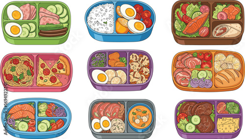 Isometric bento meal tray set with diverse food combinations, healthy lunch options, balanced nutrition illustration for menu, diet, and planning