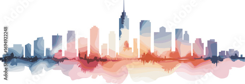 Abstract city skyline watercolor, modern urban landscape, colorful cityscape illustration, digital art design, metropolitan silhouette with reflection, artistic architecture painting