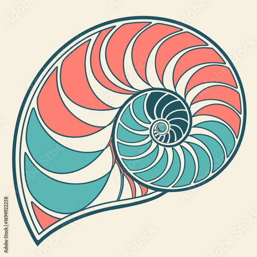Illustration of a nautilus shell in a cartoon style with spiral pattern on a cream background