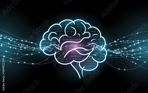 Futuristic digital brain hologram with glowing neural network and data streams
