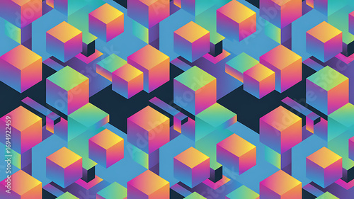 Vibrant 3d isometric cubes abstract pattern with neon gradient colors and geometric forms