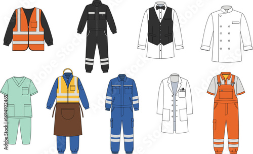 Professional Occupation Uniforms Vector Set Featuring Diverse Industry Workwear from Healthcare, Construction, Culinary, Engineering, Hospitality, and Scientific Fields