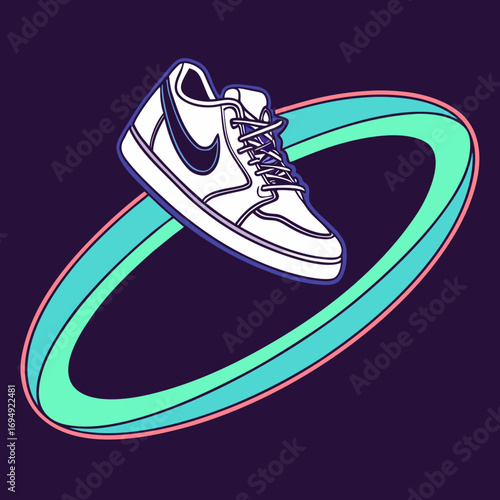 Illustration of a stylish low top sneaker with a swoosh logo floating in a ring on a purple background