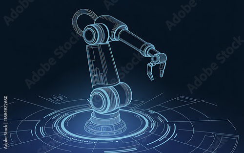 Futuristic holographic robot arm emerges from digital circuitry for automation and industry