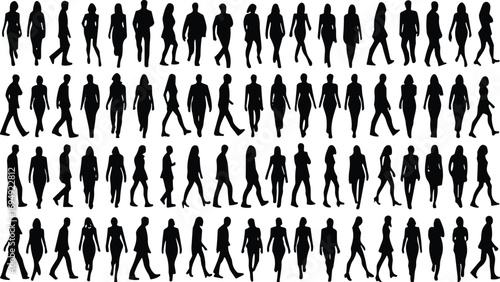 Silhouettes of men and women walking in various poses, diverse walking postures, pedestrian vector icons, human movement, walking silhouettes.
