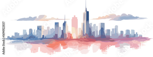 Abstract watercolor city skyline, modern urban landscape painting, colorful cityscape illustration, digital art, vibrant metropolitan silhouette, artistic architecture design