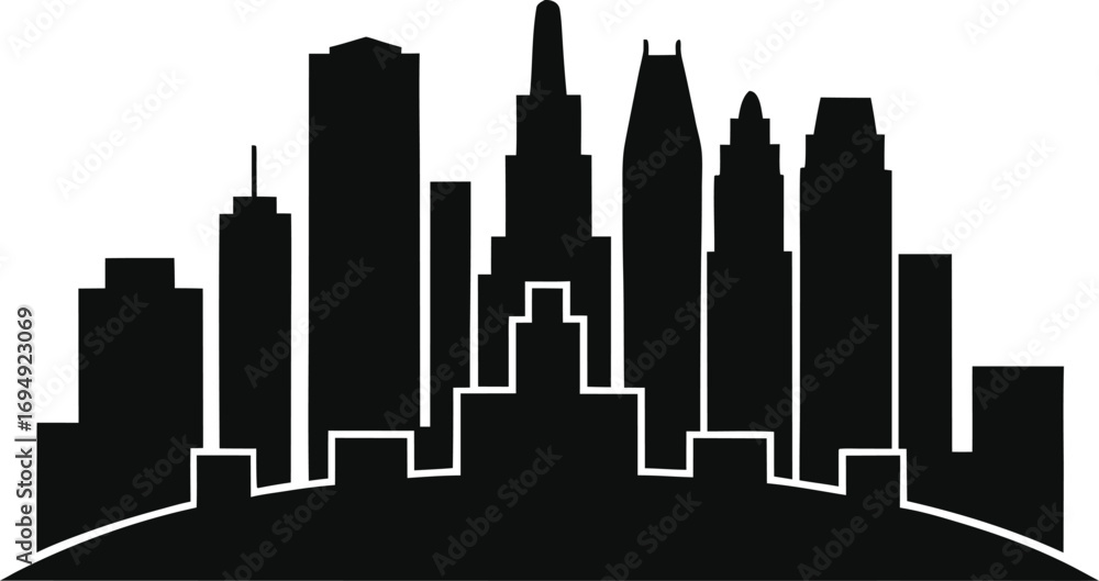 Naklejka premium Cityscape Silhouette Displaying a Modern City Skyline with Varied Building Heights and Architectural Styles Against a Plain Background