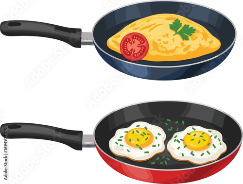 Top View of Omelet and Sunny Side Up Eggs in Frying Pans with Garnish, Perfect Breakfast Food Vector Illustration