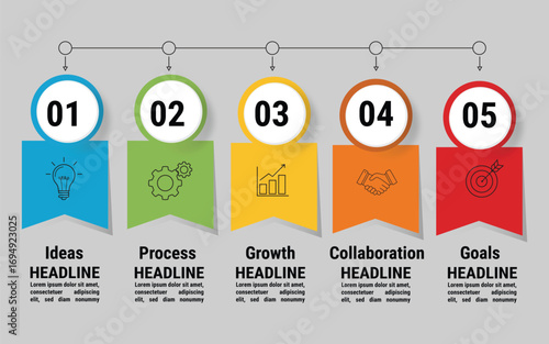 Modern Flat Vector Infographic Template with 5 Steps Workflow Circle Labels and Business Icons for Planning Process Goals and Collaboration