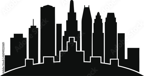 Cityscape Silhouette Displaying a Modern City Skyline with Varied Building Heights and Architectural Styles Against a Plain Background