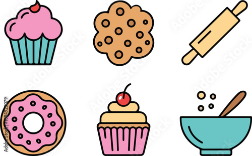 Colorful Sweet Treats and Baking Icons including Cupcake, Donut, Cookie, Rolling Pin and Mixing Bowl