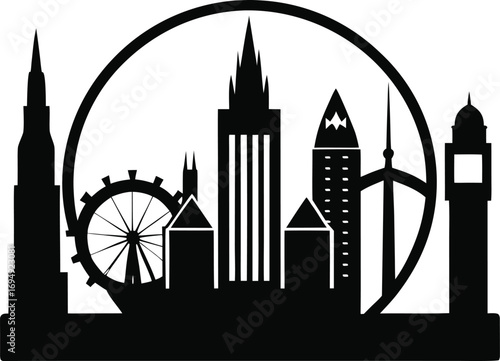 Dynamic Skyline Silhouette Captures Urban Elegance and Architectural Grandeur Within a Circular Frame Showcasing Iconic Structures and Abstract Cityscapes