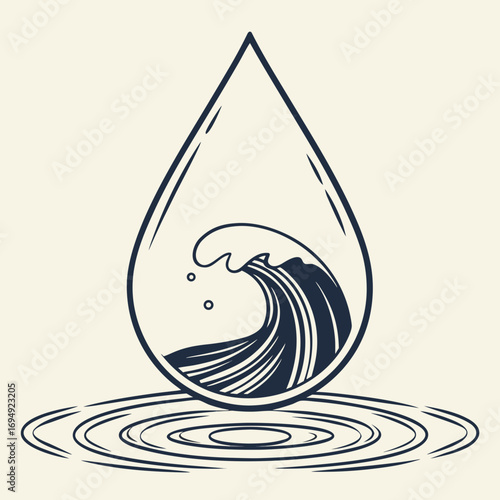 Vector art of minimalist water drop logo with wave inside symbol of purity and freshness