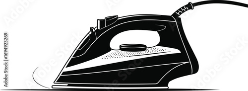Black and white electric iron illustration, modern steam iron, ironing appliance, household tool, fabric care, garment smoothing, home chores, vector image