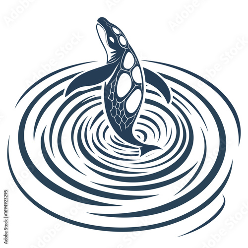 Vector art of stylized orca whale breaching water surface with ripple effect for logo or icon