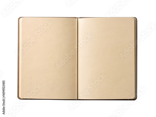 A sketchbook with beige paper open on an isolated transparent background.