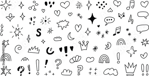 Hand drawn doodle icons collection, cute cartoon sketch elements, decorative symbols and shapes, heart star rainbow crown music speech