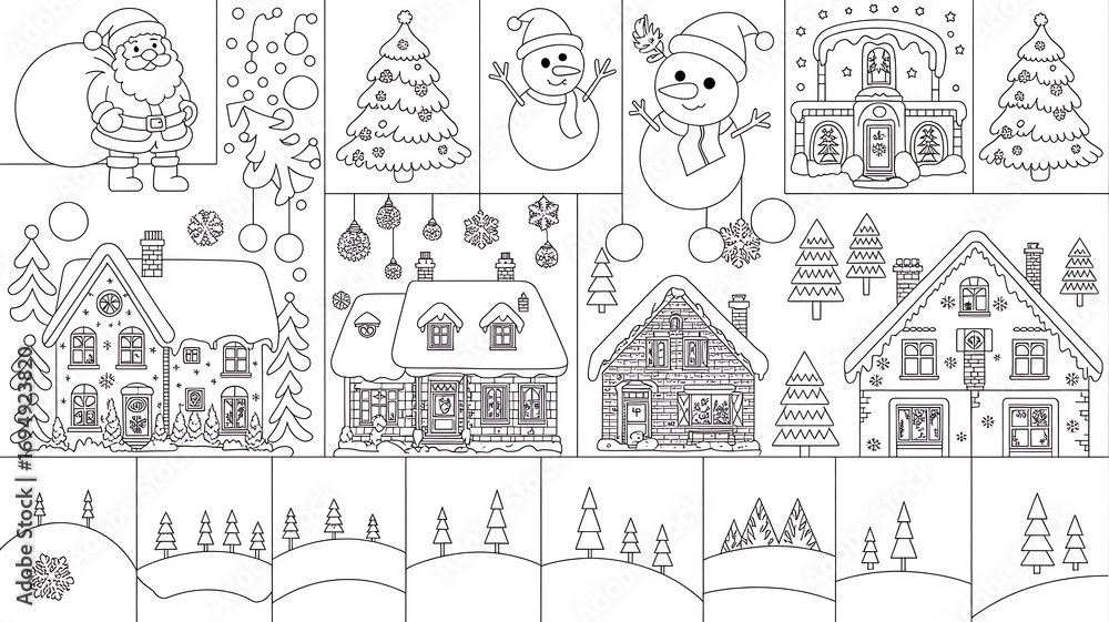 Obraz premium Festive Winter Coloring Page with Santa Claus Snowmen Houses and Christmas Trees for Holiday Fun and Creative Activities