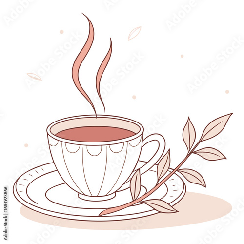 Warm Cup of Tea with Steam and Floral Branch on White Background aroma beverage