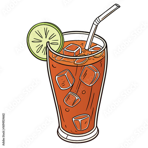 Refreshing iced tea in a tall glass with ice cubes and lime slice on white background drink beverage