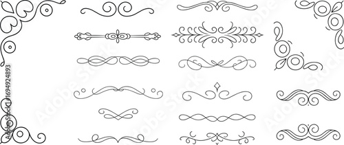Vintage decorative corner ornament set, elegant flourish divider, retro calligraphy frame border design, wedding invitation vector elements, swirl collection