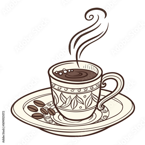 Steaming cup of coffee on a saucer with coffee beans hot drink