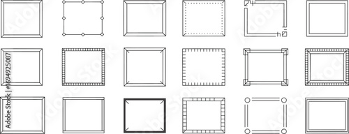 Set of square frame borders, geometric line decoration, vector outline design, simple modern border collection, graphic template isolated on white