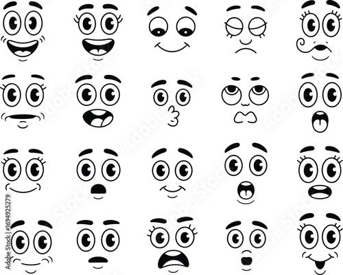 Cartoon emoji face collection, funny expressions, cute smile icons, emotional character set, happy sad surprised faces, vector illustration design
