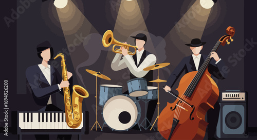 An artistic flat design representation of an abstract jazz band, using geometric shapes to convey instruments and the soulful atmosphere of a jazz club.