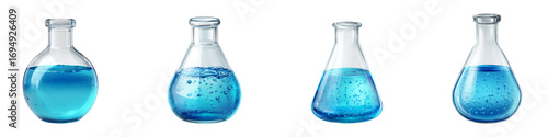 Four laboratory flasks containing blue liquid and bubbles for scientific experiments isolated on transparent background.