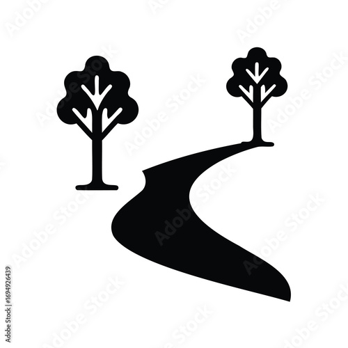 Scenic countryside road winding between trees with lush foliage depicted as icons