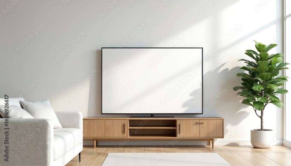 Fototapeta premium Modern minimalist living room features wooden entertainment unit, large TV screen mockup, comfortable white sofa. Interior design with potted plant adds fresh elegance. Empty frame invites content.