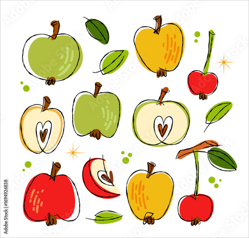A playful, sketchy retro illustration featuring various apples and cherries surrounded by leaves. The vibrant color palette of greens, reds, and yellows. Autumn mood for decor or seasonal projects.