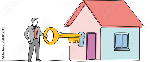 Businessman holding giant key, unlocking house door, real estate concept, home ownership, property investment, cartoon style, colorful illustration, success