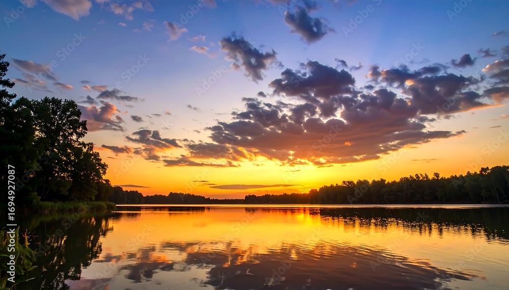 Obraz premium Serene landscape depicting a lake reflecting a vibrant sunset sky with streaks of light. The clouds and surrounding trees add to the tranquil scene, showcasing the natural beauty and the time of day