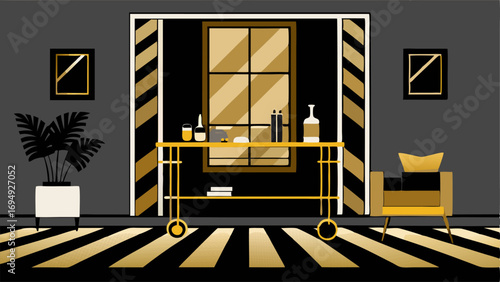 A luxurious living room with a black and gold bar cart a black and gold patterned rug and a goldframed mirror.