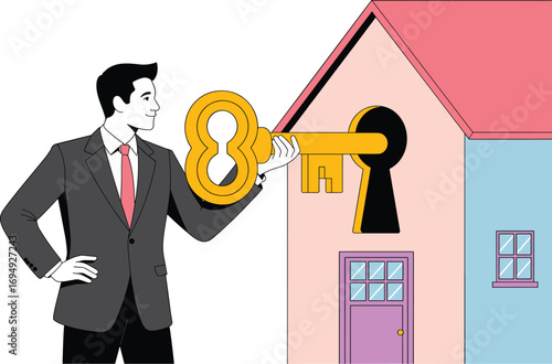Businessman holding large golden key, unlocking house door, real estate concept, home ownership, property investment, success, cartoon style, colorful illustration