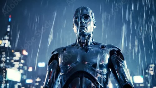 Metal humanoid figure in a heavy downpour over a city at night
