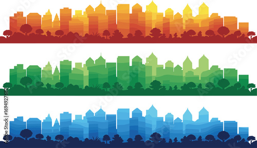 Colorful city skyline silhouette with nature elements, red green blue gradient buildings, urban landscape, modern cityscape vector art design