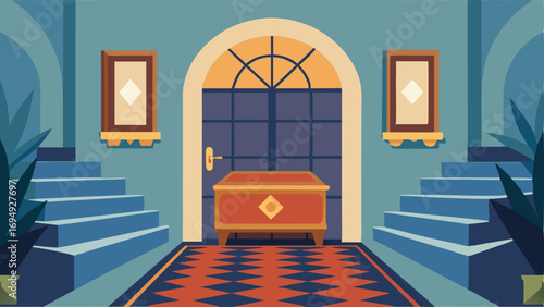 A grand entrance with a geometric patterned rug an antique chest and a statement piece of artwork on the wall.