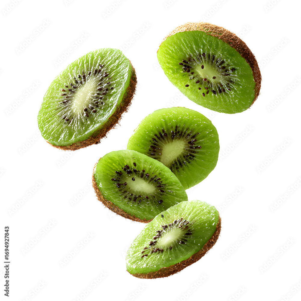 Fototapeta premium Sliced kiwi fruits captured midair, floating and flying isolated on transparent background
