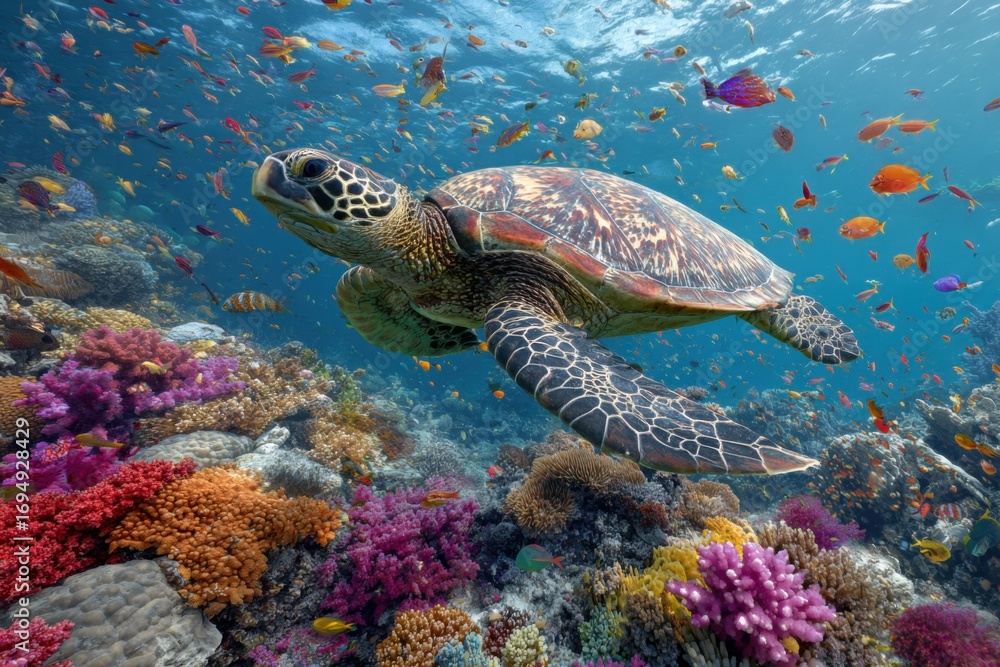 Fototapeta premium Vibrant sea turtle swimming amongst coral reefs