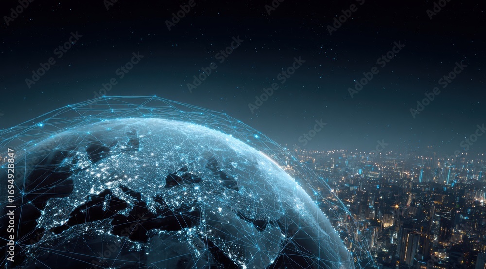 Obraz premium Global network connecting a city to Earth