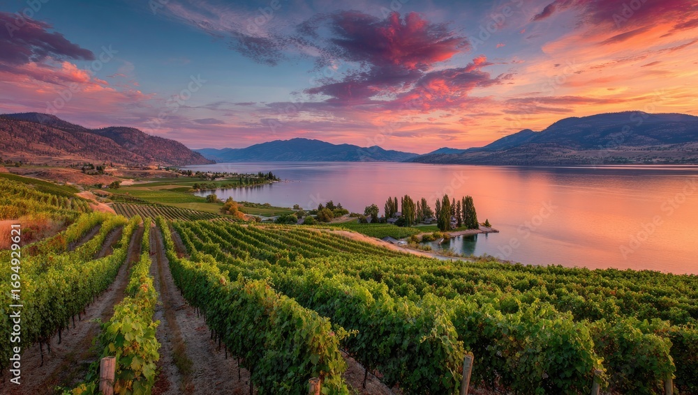 Naklejka premium Panoramic vineyard landscape at sunset over a lake