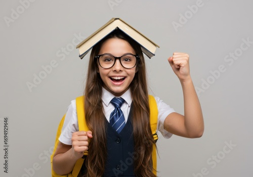 Excited schoolgirl with a book on her head celebrating success