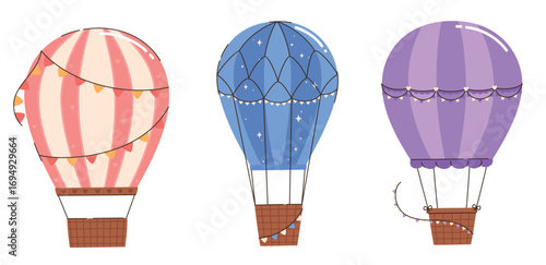 Set of flying hot air balloons on white background. Flat vector illustration.
