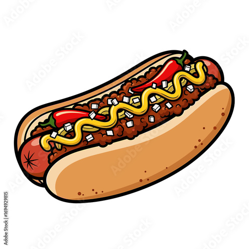 A vibrant cartoon illustration of a fully loaded hot dog with toppings, ready to eat.