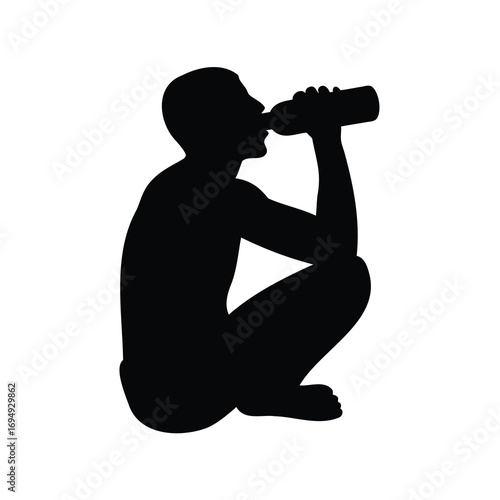 Silhouette of a person crouching and drinking from a bottle on white background
