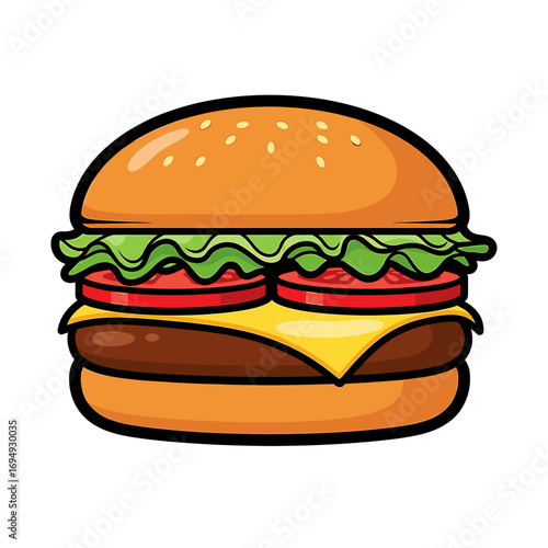 A cartoon illustration of a delicious hamburger, ready to be eaten.