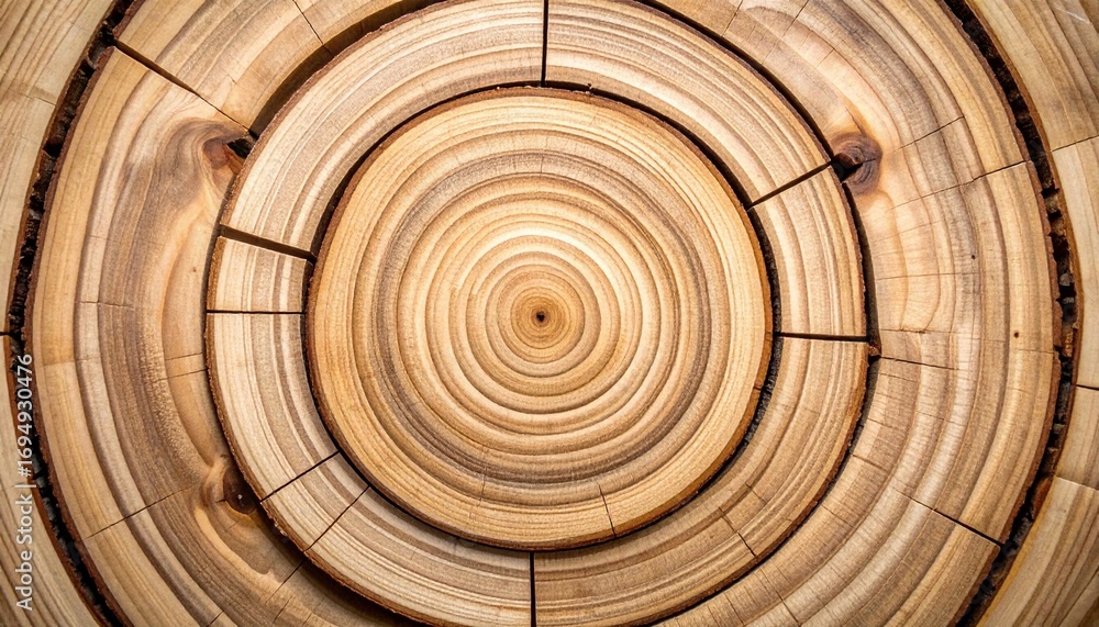 Fototapeta premium Monochrome flat lay of wood grain slices rearranged into surreal circular composition for branding visuals